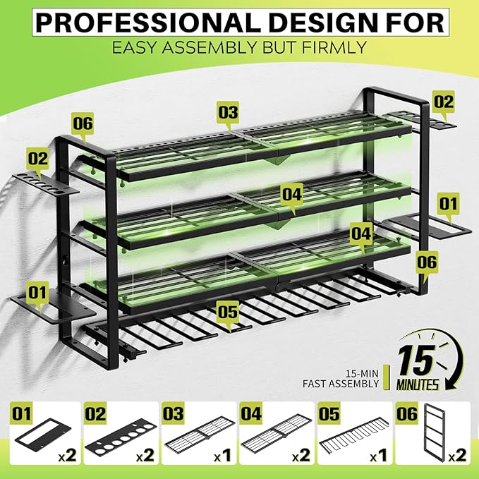 Heavy Duty Wall Mount Tool Organizer - 8 Drill Holder Storage Rack, 4-Tier Garage Organization System, 300lb Capacity Metal Tool Storage