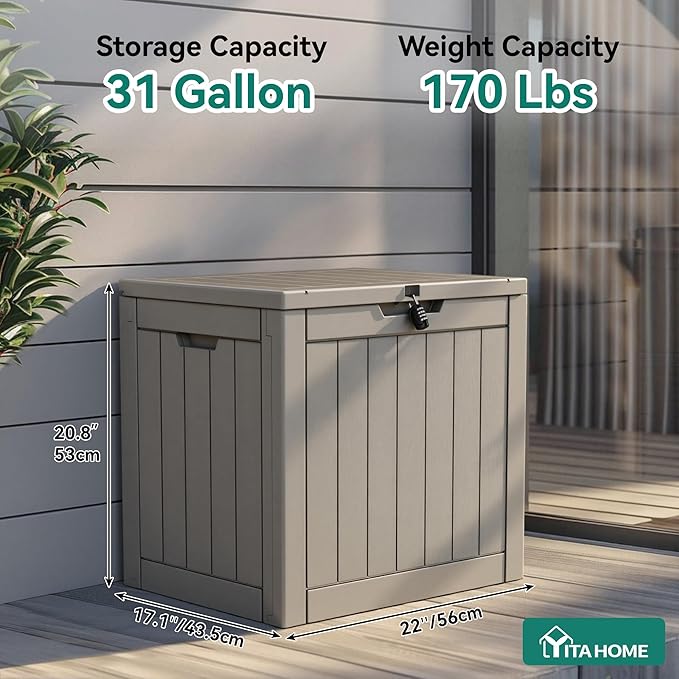 YITAHOME 31 Gallon Outdoor Storage Deck Box, Waterproof Resin Package Delivery and Storage Box with Lockable Lid for Patio Furniture Cushions, Pool Accessories, Garden Tools, Taupe