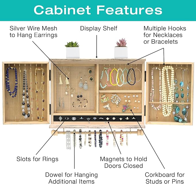 Wall Mounted Jewelry Organizer with Herringbone Wood Pattern. Jewelry holder for Necklaces, Earings, Bracelets, Ring Holder, and Accessories. Includes hooks for hanging jewelry - Brown