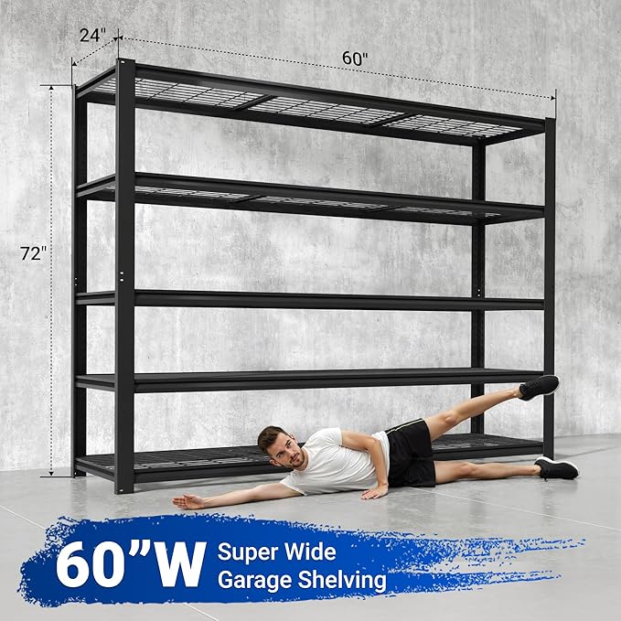 FLEXIMOUNTS 60" W Garage Shelving, 5 Tier Storage Shelves Load 1500LBS, Adjustable Garage Shelving Heavy Duty, Metal Shelves Unit for Basement, Warehouse, 60" W x 72" H x 24" D, Black