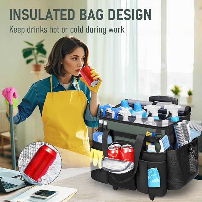 Ytonet XXL Cleaning Caddy with Wheels, Large Rolling Cleaning Caddy Bag with Detachable Trolley for Housekeepers, Water Resistant Cleaner Supplies Organizer with Wheels for Kitchen, Tool Organizer
