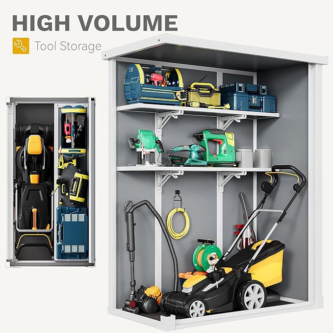 DWVO 50 Cuft Outdoor Tall Storage Shed with 2 Shelves, 4.3x2x5.5ft Vertical Tool Shed with Floor & Lockable Doors, Sturdy Double-Wall Plastic Cabinet for Garbage Cans and Garden Equipment (Gray)