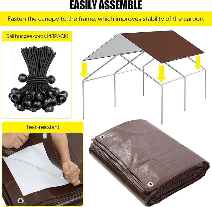 10 x 20 Ft Carport Replacement Canopy Cover Garage Top Tent Shelter Tarp with Free 48 Ball Bungee Cords,Brown (Only Cover, Frame Not Include)