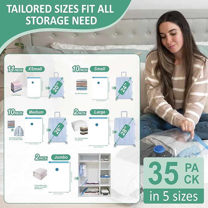 Cozy Essential 35 Pack Vacuum Storage Bags with Portable Rechargeable Wireless Portable Electric Pump, Vacuum Seal Space Saver Bags for Clothing, Pillows, Blanket, Bedding, Comforters