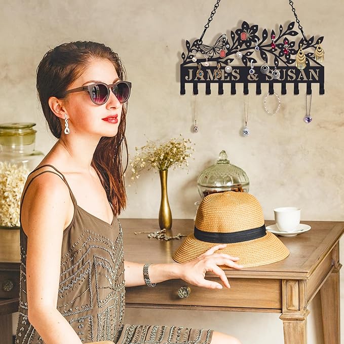 Personalized Wall Mounted Metal Earring Holder Custom Hanging Jewelry Organizer for Earrings and Necklaces Space Saving Wall Mounted Display Shelf with Hooks Valentine's Day Gifts