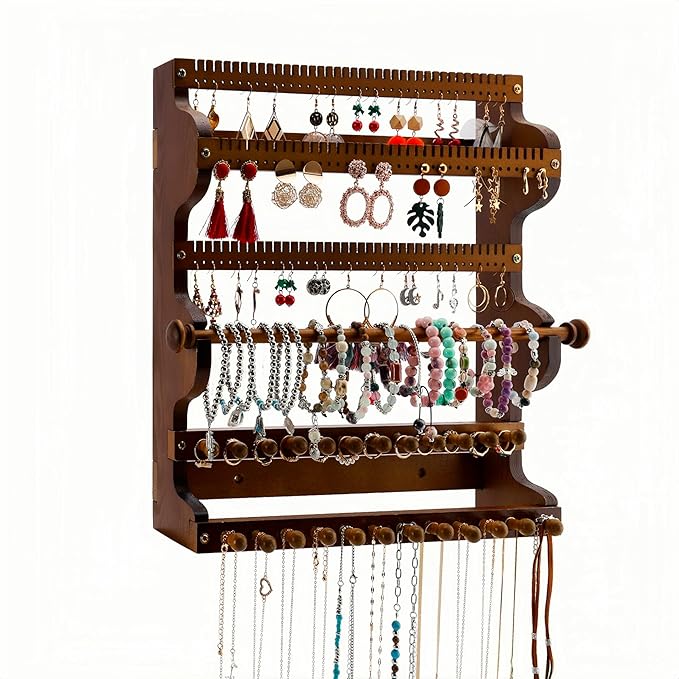 Wall Jewelry Organizer 6-Tier Bracelet Holder Jewelry Organizer Wall-Mounted Wooden Hanging Jewelry holder for Necklace Holder, Ring Display, & Earring Storage for Home or Gift