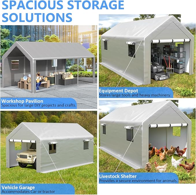 Carport 10x20 FT Enclosed Carport with Roll-up Windows, Portable Garage with Removable Sidewalls & Doors, Car Canopy Tent with Sandbags All-Season Tarp for Car Boat Truck Motorcycle