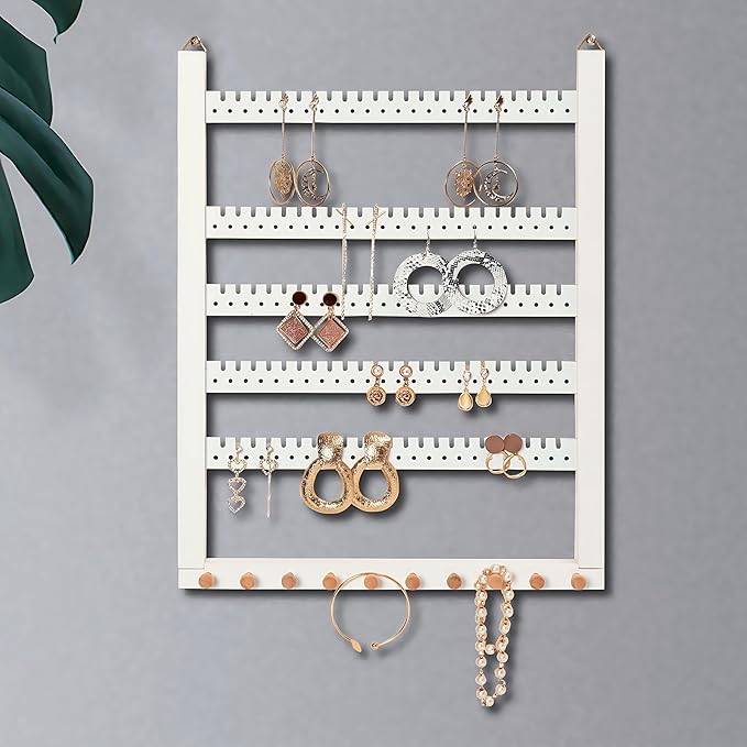 Wall Mounted Earring Organizer, Earring Holder Organizer Wall,Solid Wood Earring Hanging Jewelry Organizer and Storage, Wooden Necklace Holder, Earring Display for Studs, Dangling, Bracelet and Rings