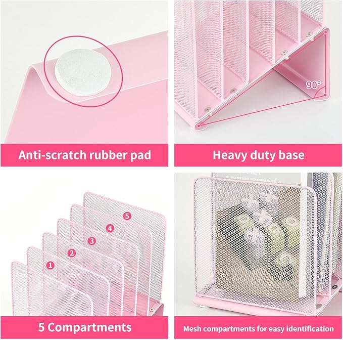 File Organizer for Desk, Desk Organizer with 5-Section Vertical File Rack, Folder Organizer,Workspace Organizers (Pink)