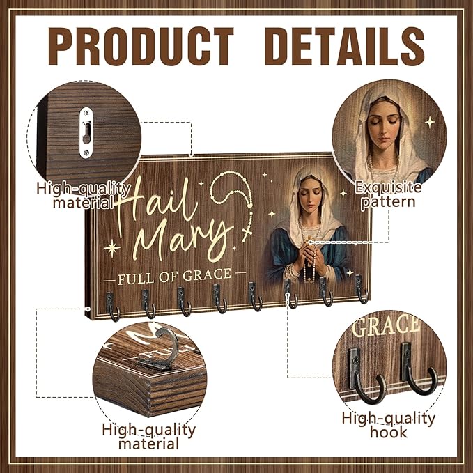 Large Wooden Rosary Holder Wall Mounted with 8 Hangers Catholic Rosary Storage Organizer Decorative Hanger Holder for Necklace, Bracelet Prayer Storage(Classic)