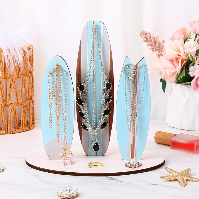 DIVINA VITAE Jewelry Organizer Stand, Cute Coastal Ocean Surfboard Decor, Preppy Beach Themed Room Decor Aesthetic, Coastal Dedroom Decoration Wooden Hawaii Surfer Gift for Teen Girls(Blue)