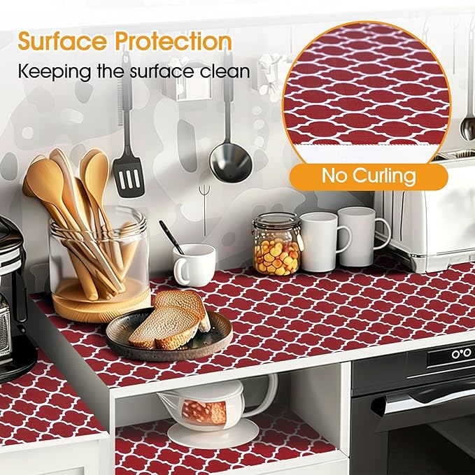 Shelf and Drawer Liner for Kitchen Cabinets Non-Adhesive, Strong Grip Non-Slip Thickened Cabinet Liners for Shelves, Waterproof Mats for Dresser Cupboard, Red/White, 12 in x 30 Feet