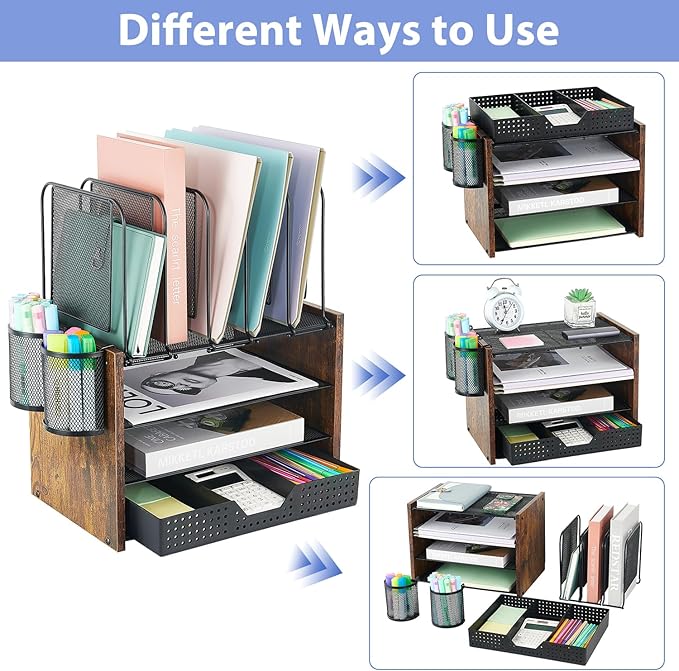AUPSEN Desk Organizer with 5 Vertical File Holders, Storage Drawer & 2 Pen Holders, 5 Trays Paper Letter Tray Organizer, Mesh Desk Organizers and Accessories for Home Office (Black)