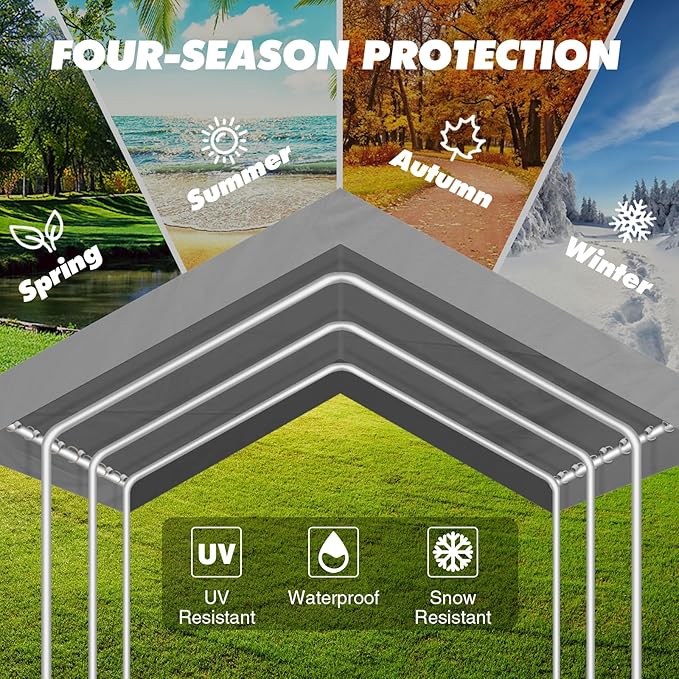 10x20FT Carport Canopy Replacement Cover Heavy Duty Waterproof & UV Protected, All Weather Car Shade Canopy with Ball Bungees (Grey, 10'x20', Frame is not Included)