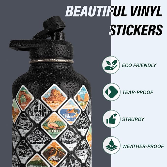 National Parks Water Bottle – 64 oz Insulated Stainless Steel Bottle with 63 Hand-Drawn Park Stickers, Carrier Bag, Strap & Gift Box – BPA-Free – Ideal for Hiking, Camping & Travel