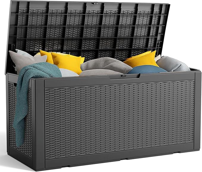 120 Gallon Outdoor Deck Box,Waterproof Resin Outdoor Storage Boxes, Outside Storage Lockable Container for Garden Tools,Indooor Cushions,Accessories (Black)