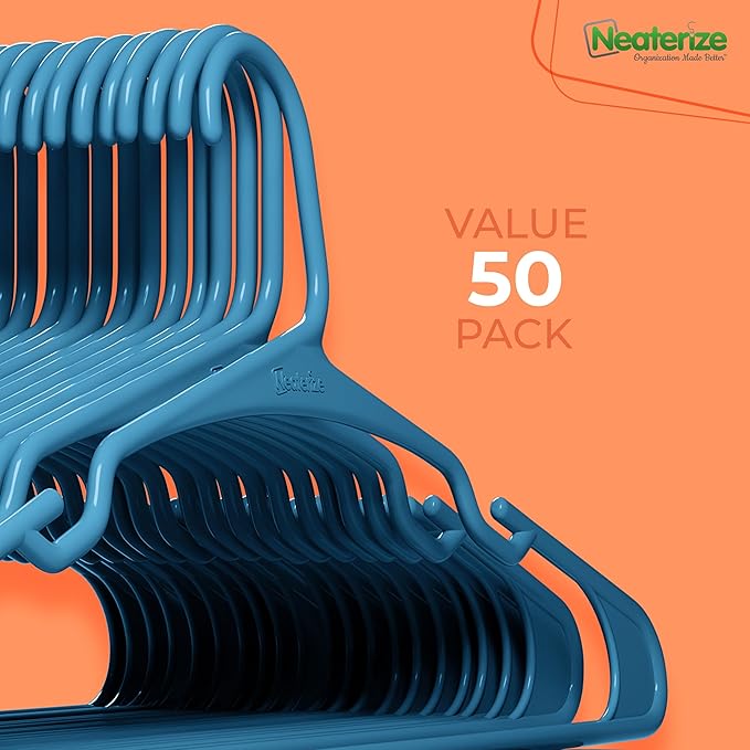 NEATERIZE Clothes Hangers Plastic 50 Pack for Adults - Plastic Hangers, The Perfect Coat Hanger and Space Saving Clothes Hangers for Closet, Percheros Ganchos para Colgar Ropa Hangars - Blue Hangers