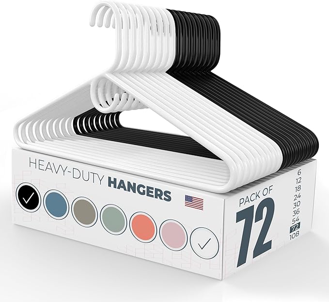 Neaties Heavy Duty Clothes Hangers 50+ Pack (72 Count) – Made in The USA – 8lb Capacity Plastic Hangers for Adult Clothing – Durable for Pants, Coats, Jackets, or Jeans – White & Black