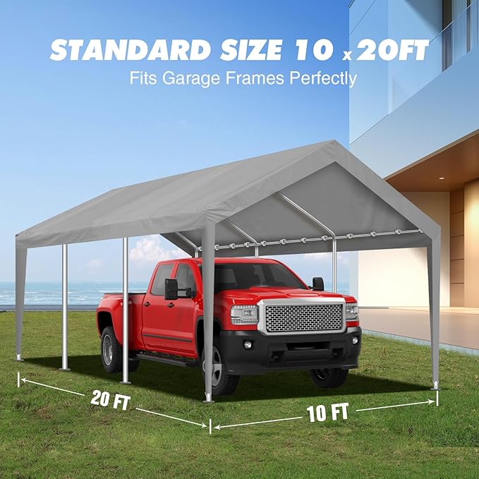 10x20FT Carport Canopy Replacement Cover Heavy Duty Waterproof & UV Protected, All Weather Car Shade Canopy with Ball Bungees (Grey, 10'x20', Frame is not Included)