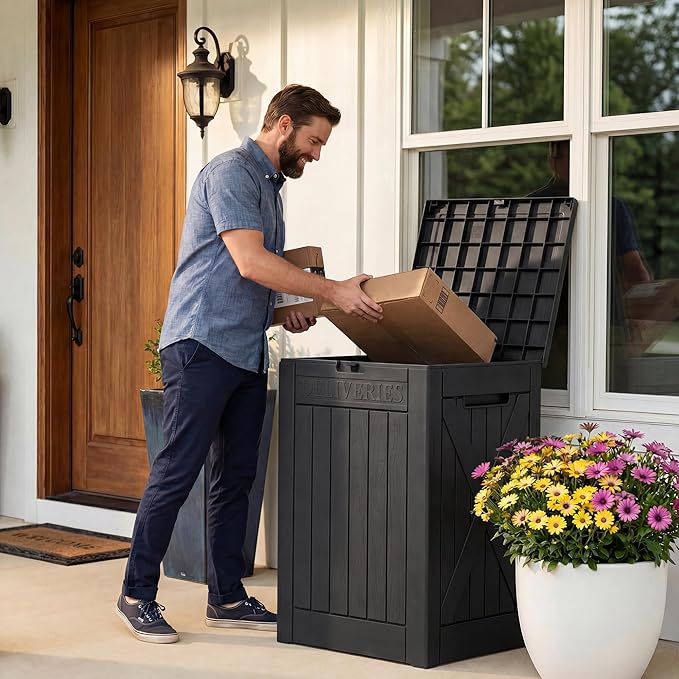 Lockable Outdoor Storage Box 52 Gallon, All-Weather Resin Deck Box for Patio, Garden, Pool, Organizes Furniture Cushions, Gardening Tools, Pool Accessories, Black