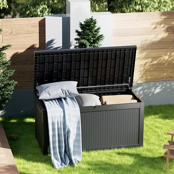 Outdoor Storage Box, 320 Gallon Lockable Resin Deck Box Large Waterproof, Patio Storage Bin for Furniture Cushion, Garden Tools and Pool Accessories, UV-Resistant Bench Cabinet for Outside, Black