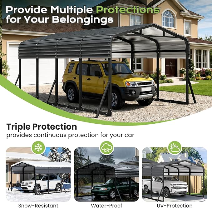 12x20FT Heavy Duty Metal Carport, Outdoor Portable Car Garage w/Reinforced Support Rods & Windproof Ground Anchors, All-Season Versatile Outdoor Shelter for Car Boats Truck