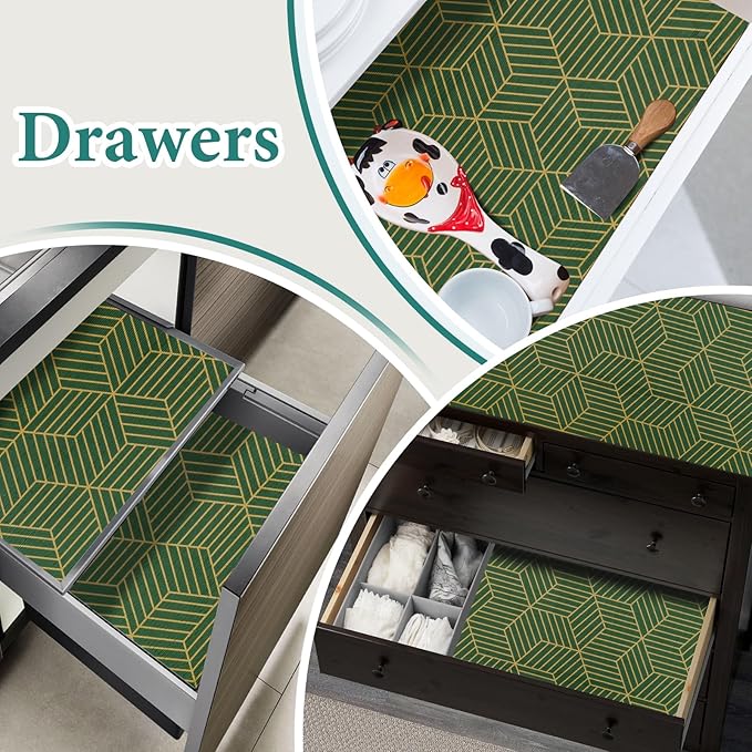 Shelf Liners for Kitchen Cabinets 17.5in x 30FT, Non Adhesive Cabinet Liner Strong Non-Slip Thickened Gold Green Geometric Drawer Liner, Easy to Clean for Shelf, Cabinet with Knife and Tape Measure