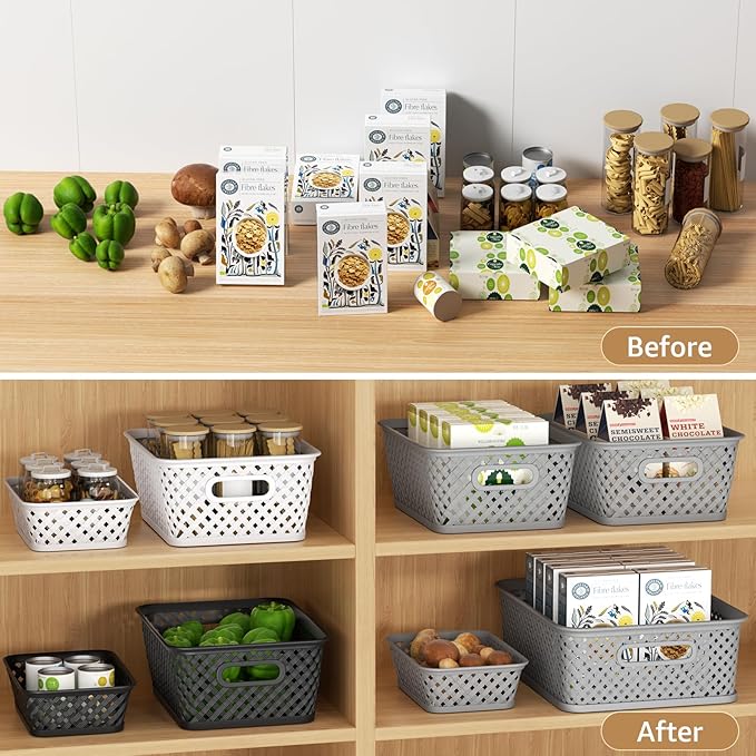 MaxGear Organization and Storage 3 Packs, Plastic Bins Organizer Bins, Woven Baskets for Storage, Plastic Baskets with Handles, Black Basket for Organizing, Basket Organizer for Home and Office, Large
