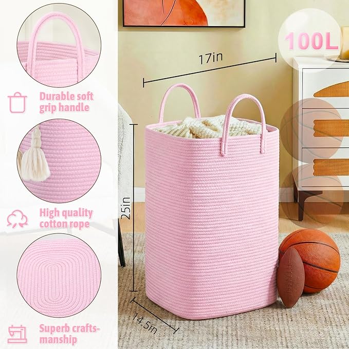 Laundry Basket,Woven Cotton Rope Laundry Hamper,100L Versatile Storage for Dirty Clothes,Baby Toys,and Blankets in Bathroom, Nursery,and Living Room