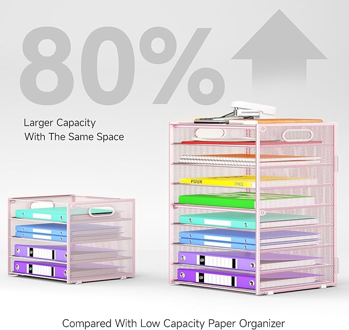 9 Tier Paper Organizer with Handle, Pink Large Capacity Desk Organizer Mesh File Folder Letter Paper Tray Desktop Document Sorter for Classroom, School, and Office Accessories Organization