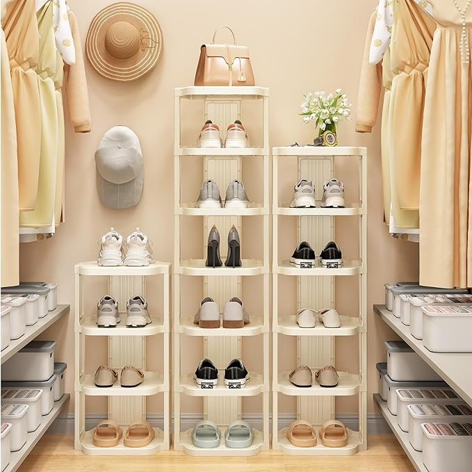 Kitstorack Vertical Shoe Rack: 5 Tiers Stackable Shoe Rack for Closet DIY Free Standing Shoe Organizer Small Shoe Shelf for Small Spaces and Narrow Spaces Plastic, White