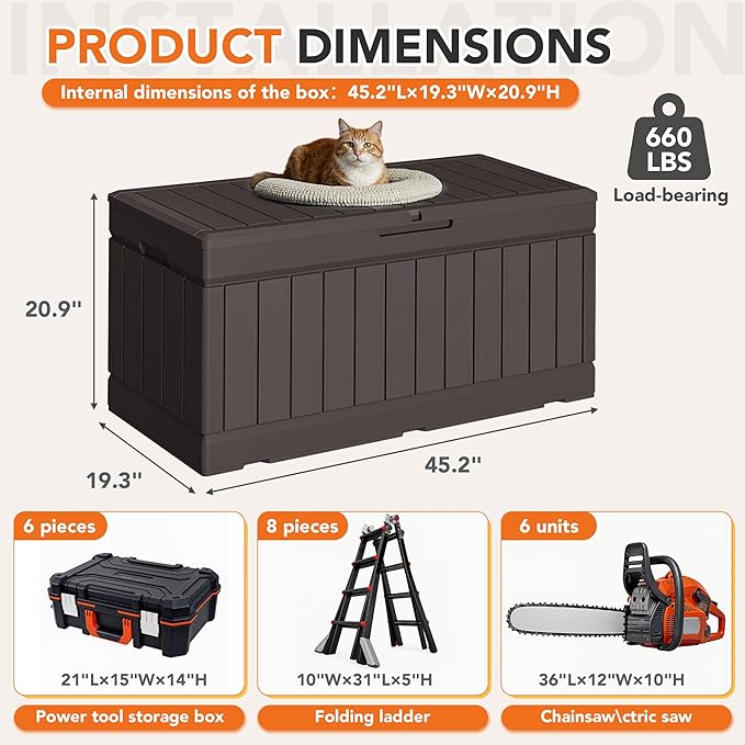 78 Gallon Deck Box Outdoor Indoor Waterproof Storage Box for Patio Furniture, Pool Accessories, Garden Tools, and Cushion Storage, Brown