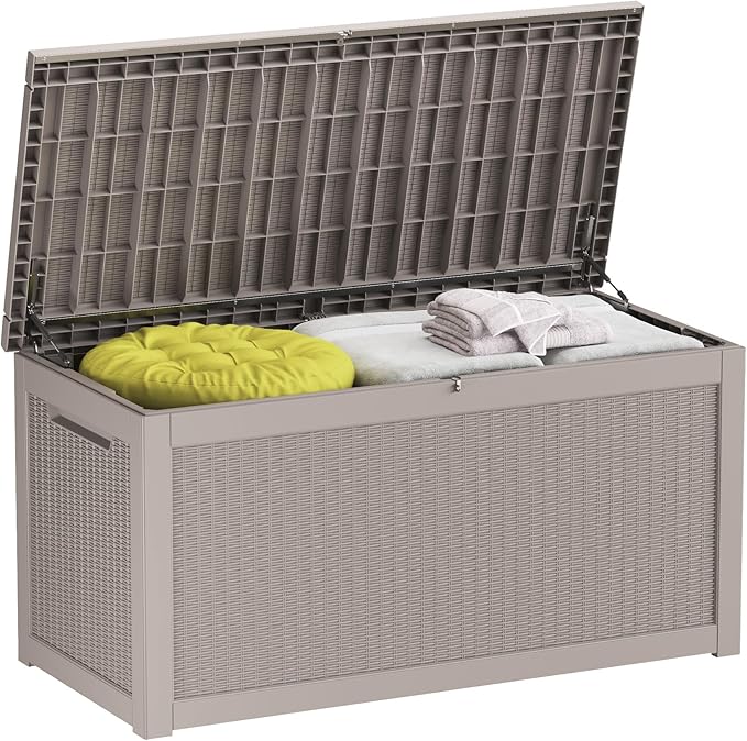 Outdoor Storage Deck Box Waterproof, 320 Gallon Large Lockable Patio Storage Bin Chest, Resin Outside Container Seat Bench for Furniture Cushions, Pool Accessories, Garden Tools & Delivery, Grey
