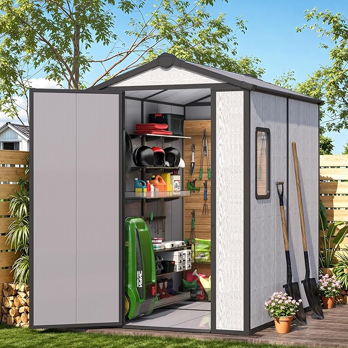 MELLCOM 4 x 6 FT Resin Outdoor Storage Shed with Floor, Resin Outdoor Storage Tool Shed with Windows and Lockable Door, Garden Shed for Lawnmower, Bike, Pool Supply