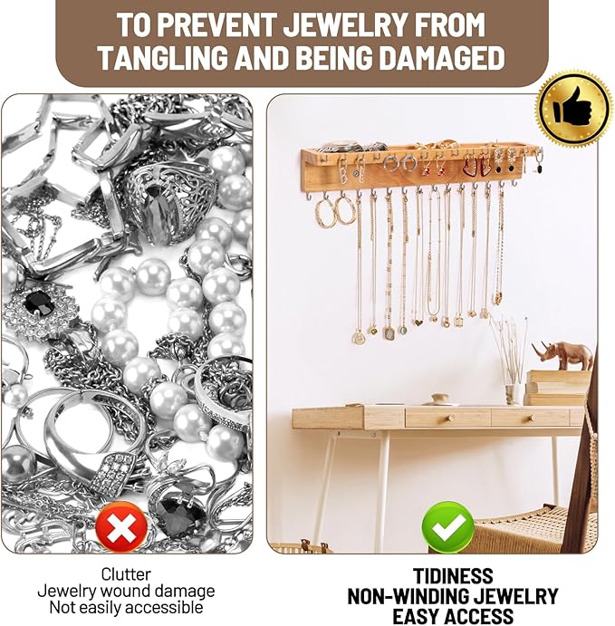 Necklace Holder Organizer Wall Mount,Jewelry Holder Organizer with 30 Hooks,Oak Jewelry Organizer and Storage for Necklaces,Bracelets and Rings (Wood Color)
