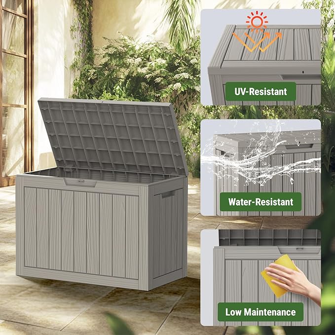 50 Gallon Outdoor Storage Box, Waterproof Deck Box with Build-in Handles and Lockable Lid, Outside Storage Box for Backyard Garden Tools, Patio Cushions, Package Delivery Box, Grey