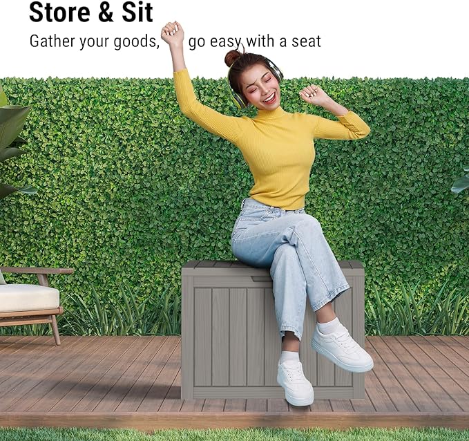50 Gallon Outdoor Storage Box, Waterproof Deck Box with Build-in Handles and Lockable Lid, Outside Storage Box for Backyard Garden Tools, Patio Cushions, Package Delivery Box, Grey