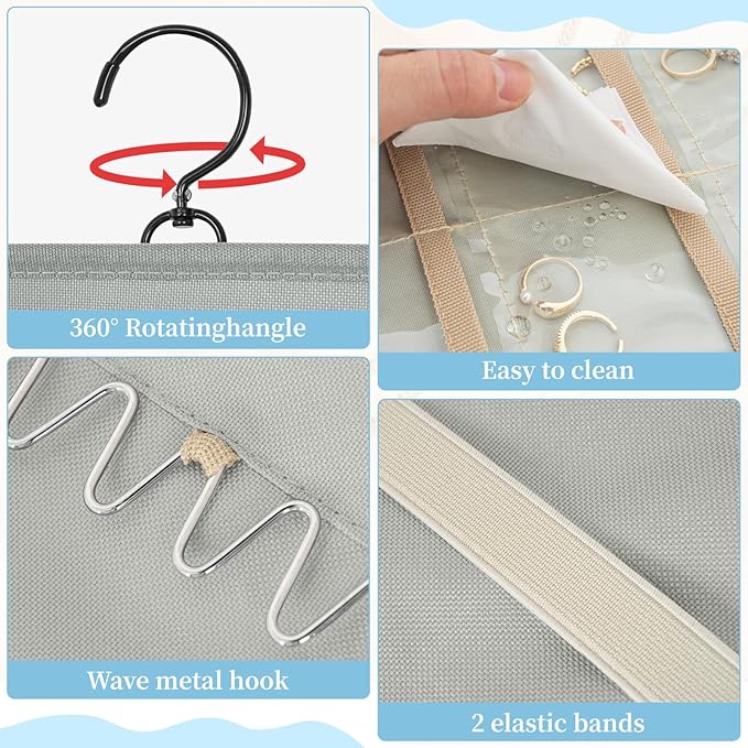 GMAK Hanging Jewelry Organizer with Hanger Metal Hooks, Double-Sided Jewelry Holder Accessories Organizer Storage Roll for Jewelry, Earrings, Bracelets, Necklaces, Rings - Light Grey