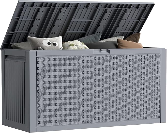 EHHLY 90 Gallon Outdoor Storage Box, Lockable Package Outside Storage Box Waterproof, Patio Cushions Deck Storage Boxes, Rattan Plastic Garden Hose Containers Resin Pool Storage Bins with lids, Grey