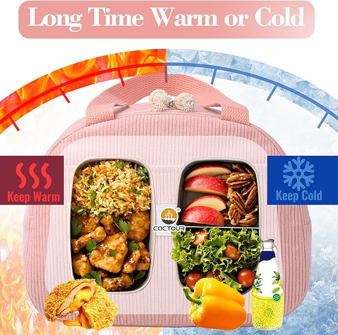 Lunch Box Lunch Bag for Women Girls Teens, Cute Lunch Box Cooler Bag, Portable Small Insulated LunchBox Reusable Corduroy Lunch Tote for Work/Travel/Picnic/School(Pink)