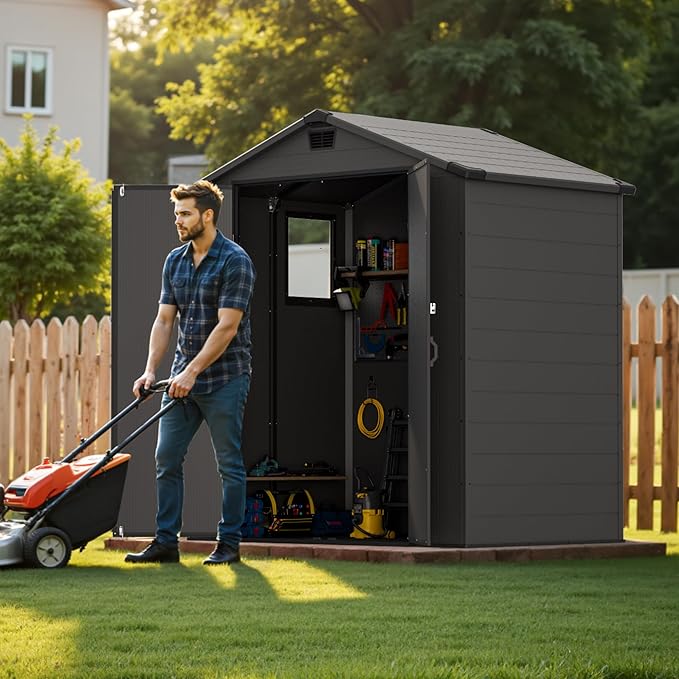 Greesum 6x4FT Plastic Outdoor Storage Shed with Floor, Resin Sheds with Lockable Double Door, Tool Sheds with Window and Vents, for Garden, Backyard, Patio, Dark Gray