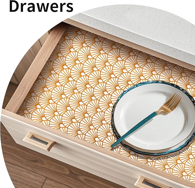 Drawer and Shelf Liner for Kitchen Cabinet: 17 in X 20 Ft Waterproof Shelf Paper Non Adhesive Refrigerator Liners Golden Ginkgo Leaf Easy Liners for Bathroom with Knife Tape Measure