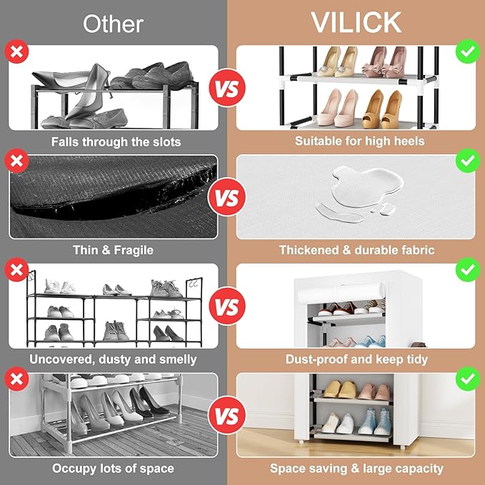 Shoe Rack with Cover Narrow Shoe Rack Organizer with 4 Side Pockets 10 Tier Tall Shoe Storage Shoe Shelf Holds 18-22 Pairs Shoes and Boots Shoe Rack for Closet, White