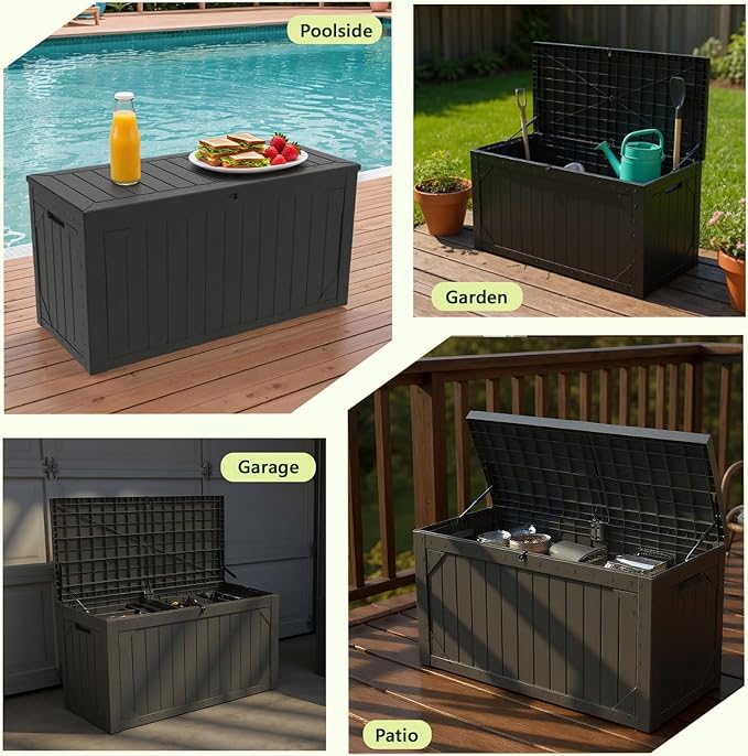 Outdoor Storage Box Waterproof, 100 Gallon Lockable Resin Deck Box Large Storage Bin for Patio Furniture Cushion, Garden Tools, Pool Accessories, UV-Resistant Outside Delivery, Black