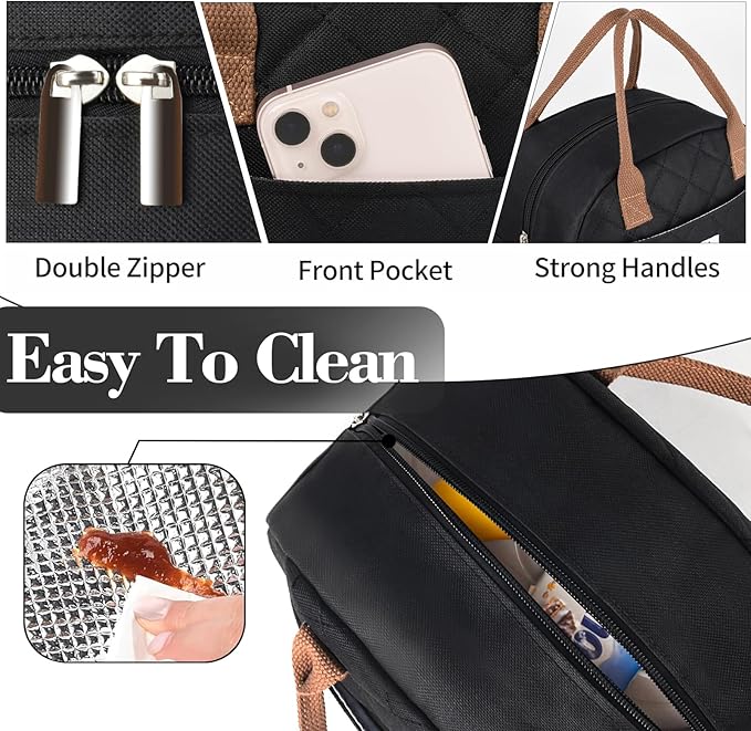Lunch Bag Women,Insulated Quilted Lunch Bag, Small Portable Cute Lunch Box,Cooler Bag Reusable Lunch Tote for Work/Travel/Picnic (Black)