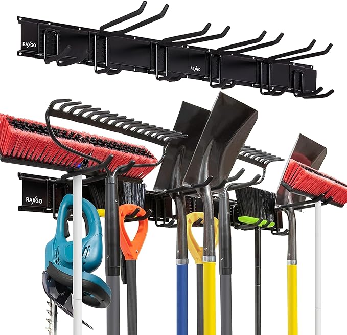 Tool Storage Rack, 8 Piece Garage Organizer, Metal, Wall mounted, Holder for Broom, Mop, Rake Shovel & Tools!