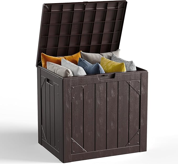 30 Gallon Outdoor Storage Box, Waterproof Resin Deck Box Organizer for Patio Cushion Storage, Lockable Outside Container for Garden Tools