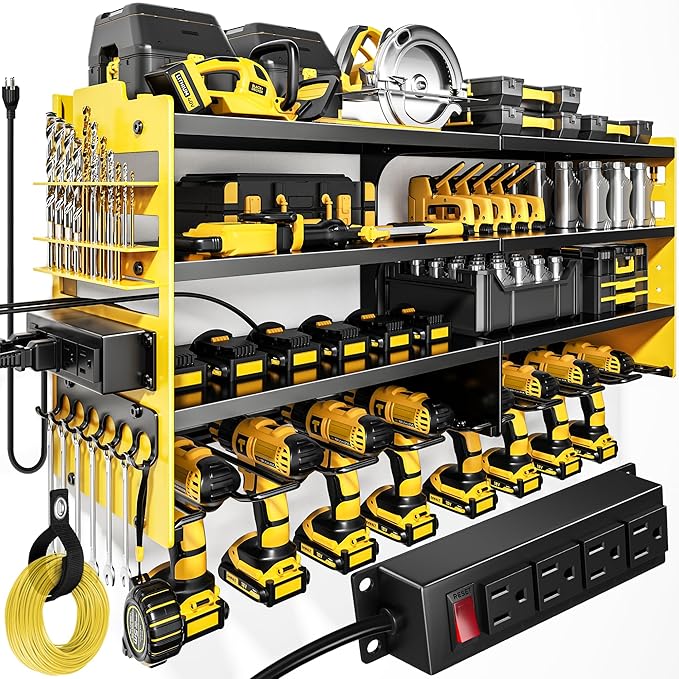 Large Power Tool Organizer Wall Mount with Charging Station,4 Layer Heavy Duty Metal Storage Rack Loads 600lbs with 8 Cordless Drill Holder,Battery Utility Rack Gift for Garage workshops Room