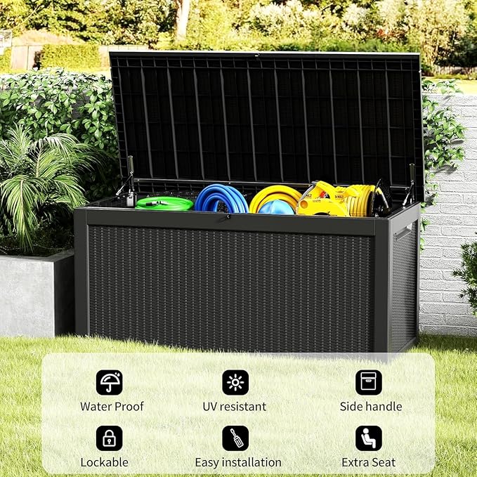 Outdoor Storage Box, 320 Gallon Lockable Resin Deck Box Large Waterproof, Patio Storage Bin for Furniture Cushion, Garden Tools and Pool Accessories, UV-Resistant Bench Cabinet for Outside, Black