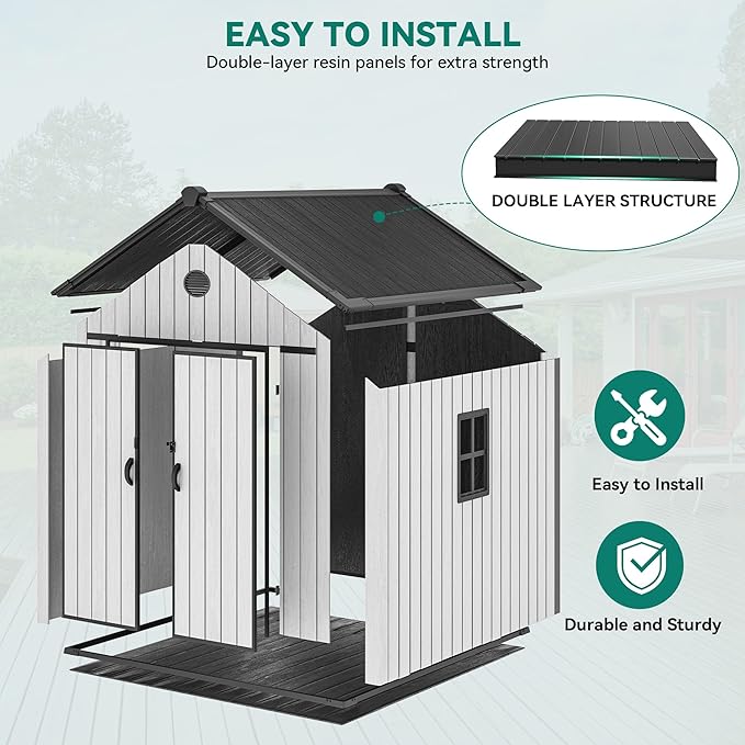 YITAHOME 8X8FT Large Storage Shed with Vision Window, Weatherproof Extra Thick Tool Storage, 16mm Heavy Duty Outdoor Storage Sheds with Floor, Lockable Door & Vents for Patio, Lawn Mower, Bike, Gray